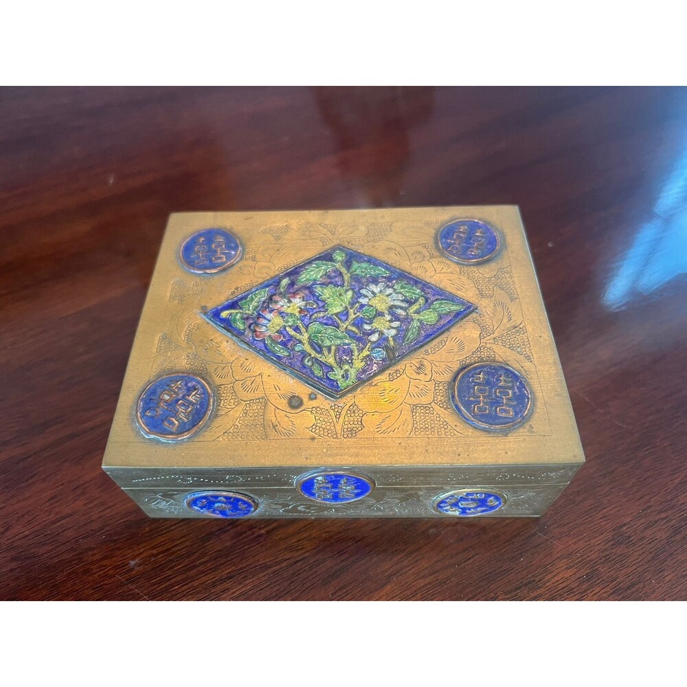 Antique Chinese Brass and Wood Cloissone Cigarette Box Hinged Trinket Box